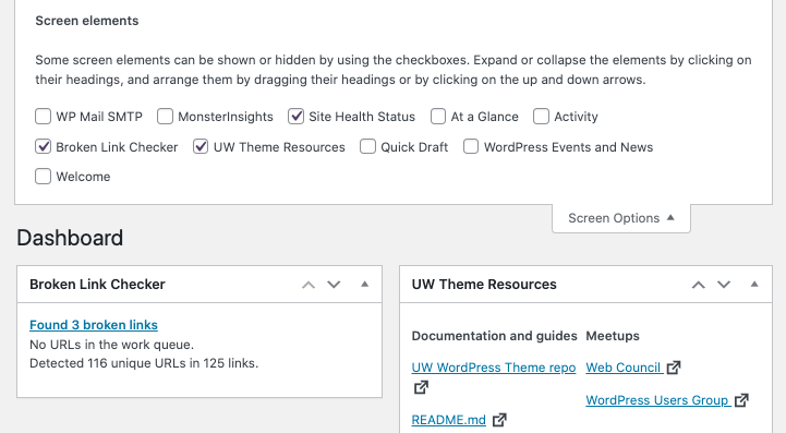 dashboard showing screen options