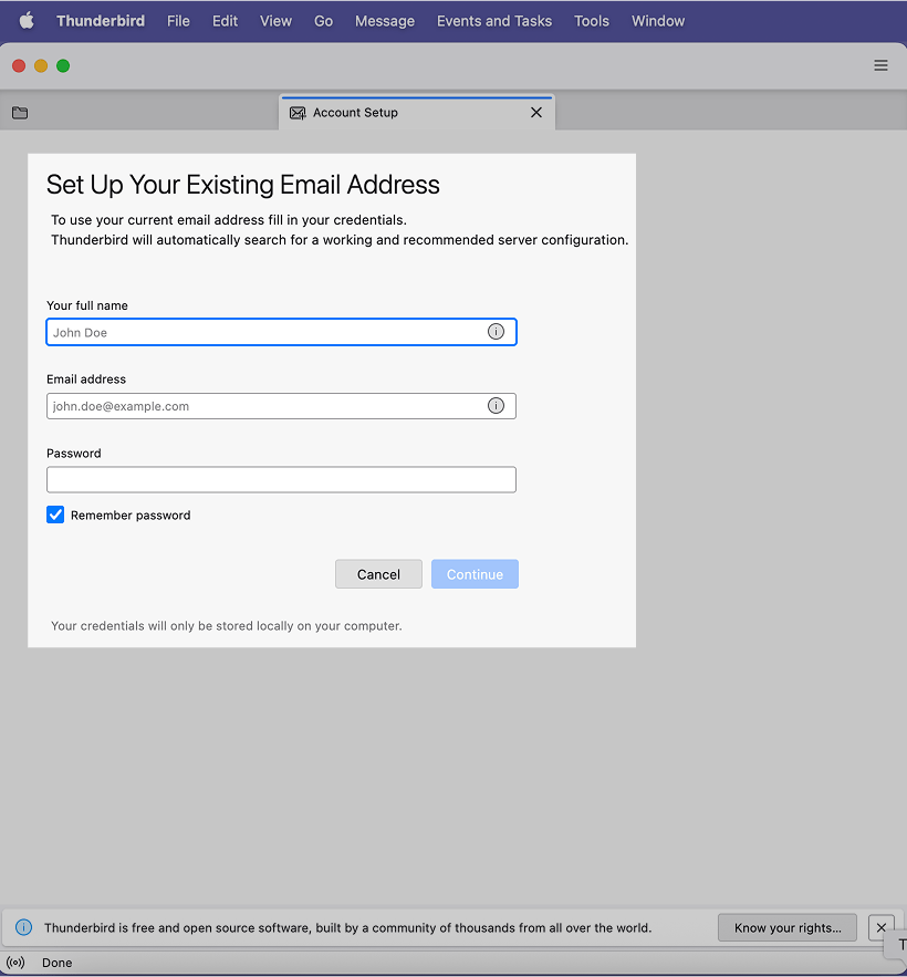 setup window shown without info entered
