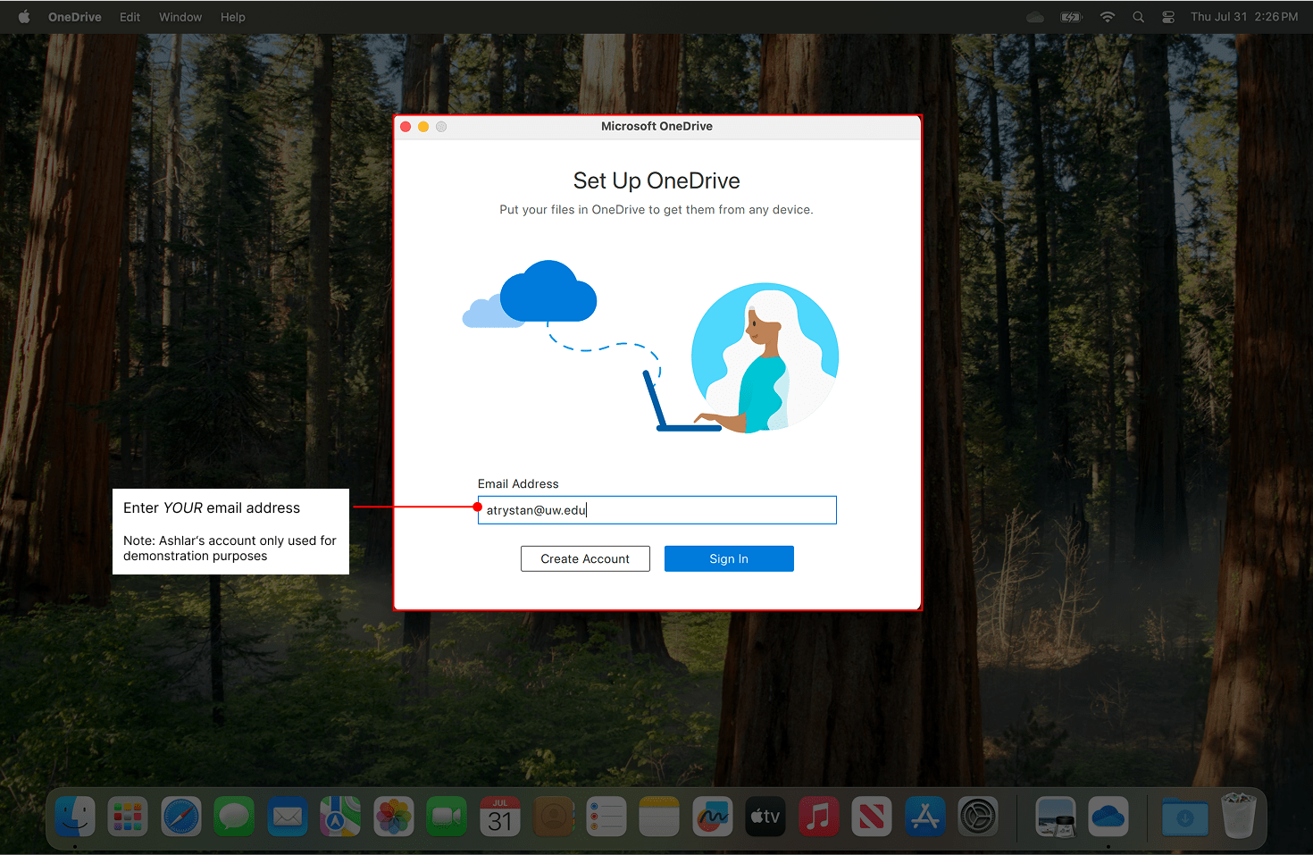 Image indicating the OneDrive screen where you enter your email address.