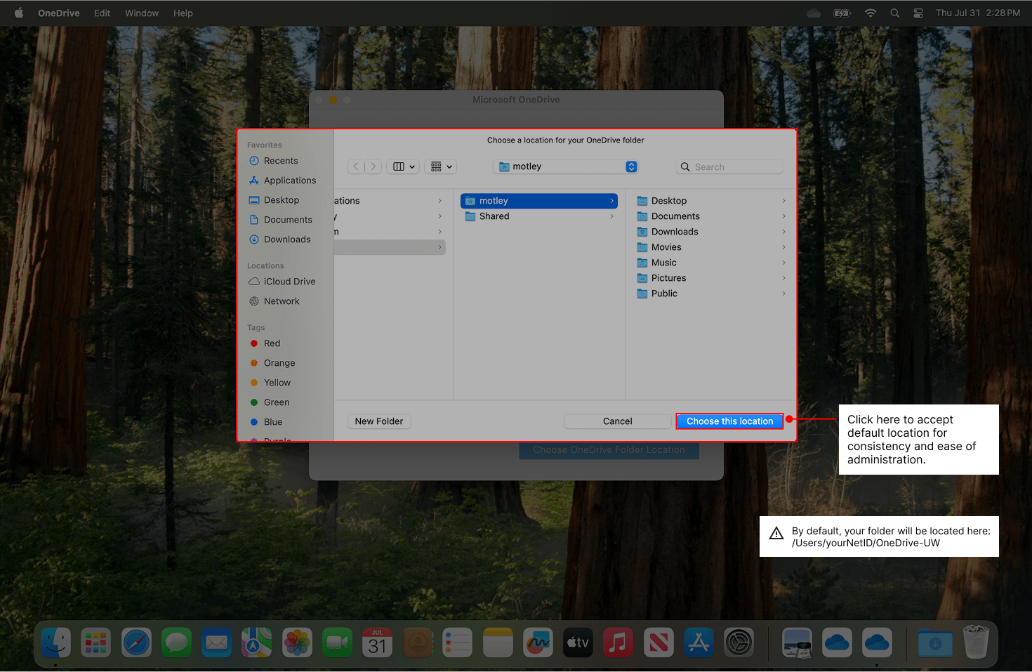 OneDrive asks to confirm folder location.