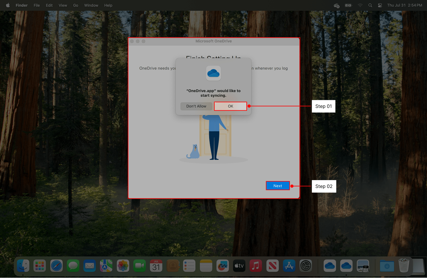 macOS asks to allow OneDrive to begin syncing.