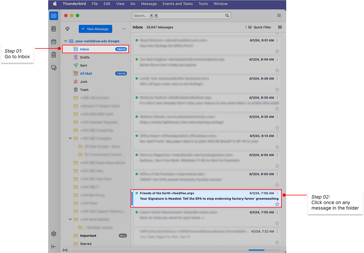 Select first message in folder