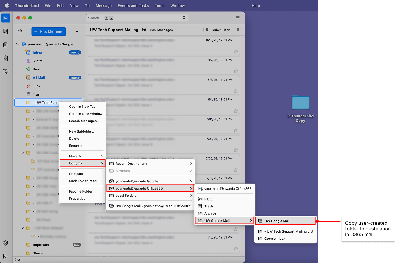 Copy user-created folder to copy destination in O365 mail