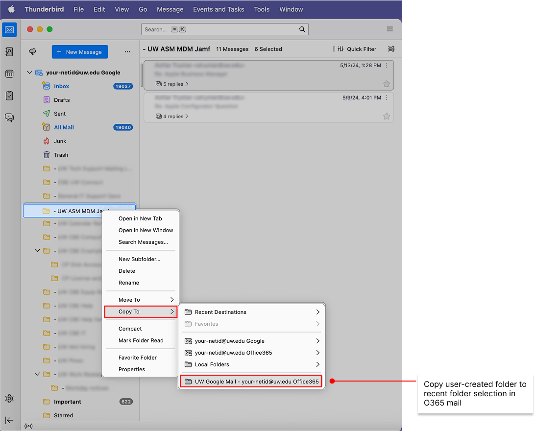 Copy user-created folder to recent folder selection in O365 mail