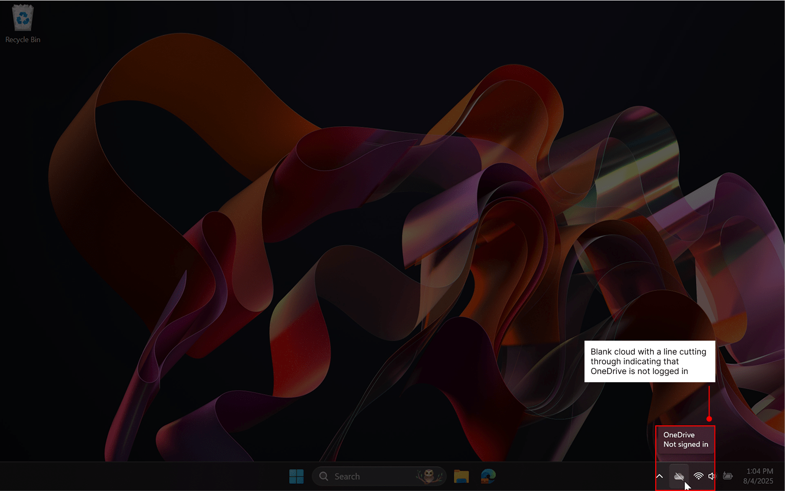 Blank cloud with line cutting through indicating that OneDrive is not logged in.
