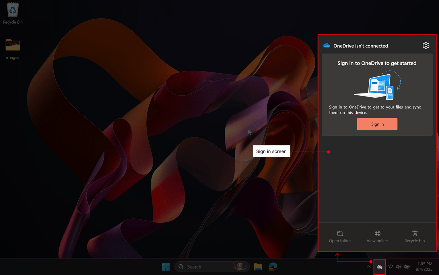 OneDrive sign in screen.