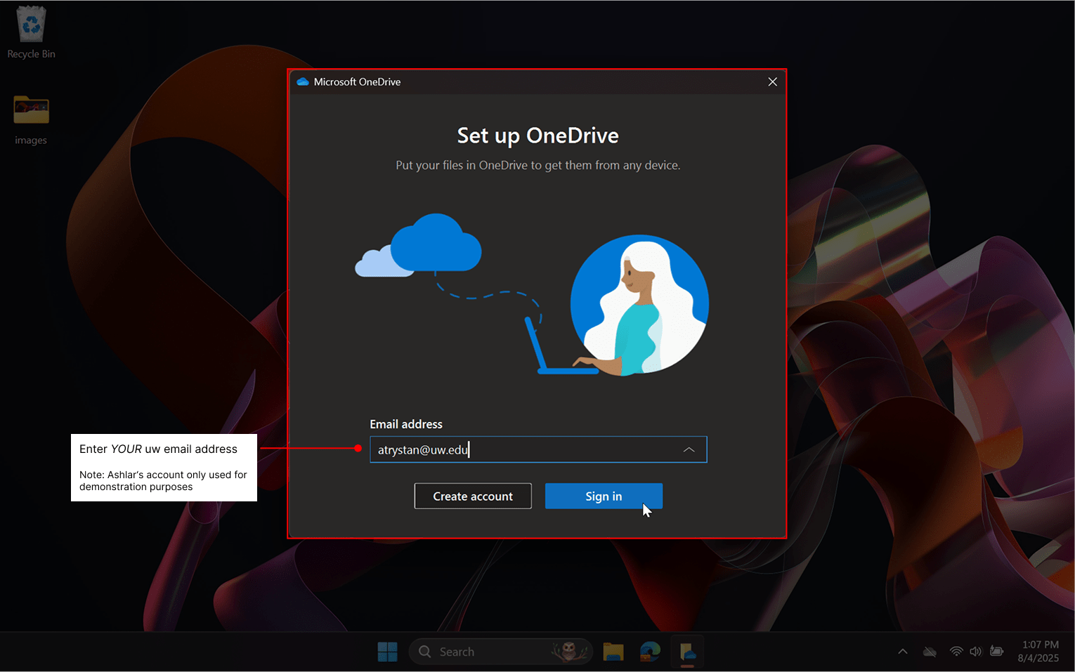 OneDrive enter email screen.
