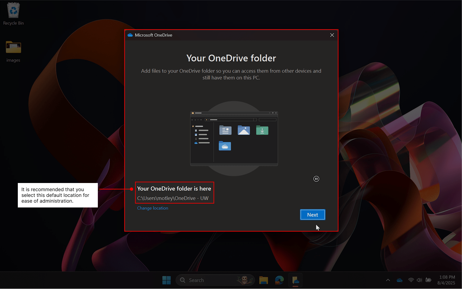 Prompt to choose OneDrive folder location.