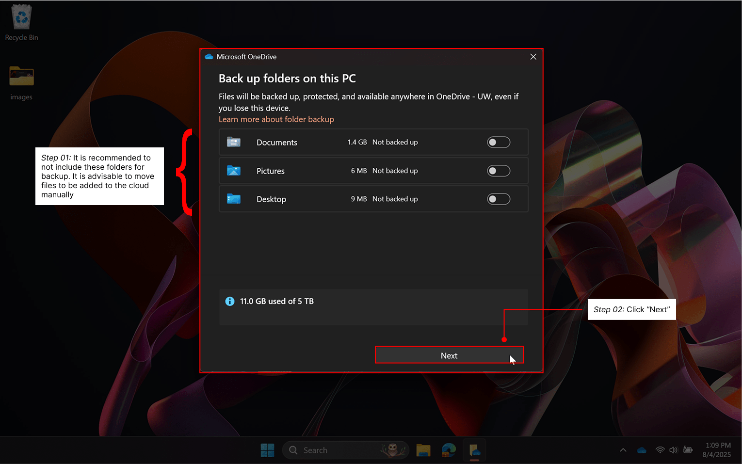 Page asking to back up Documents, Pictures, and Desktop folders.