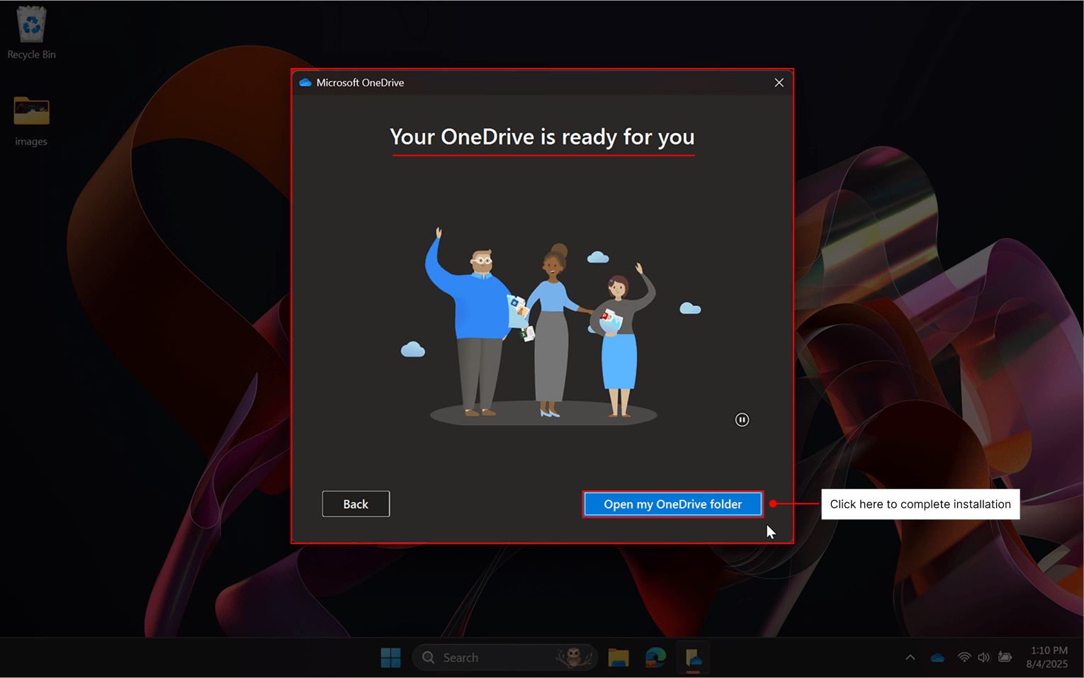 Open OneDrive folder to complete education.