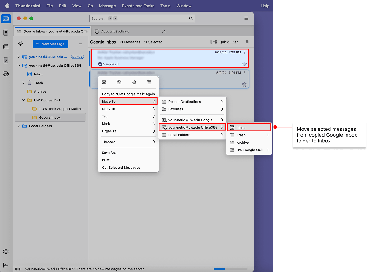 Move selected messages from copied Google Inbox folder to Inbox
