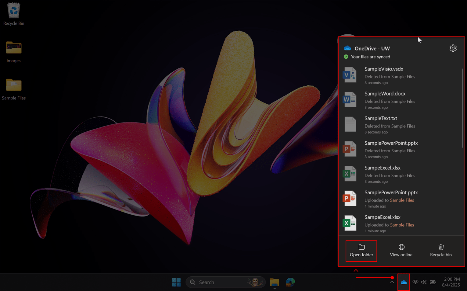 Indicating the status menu for OneDrive