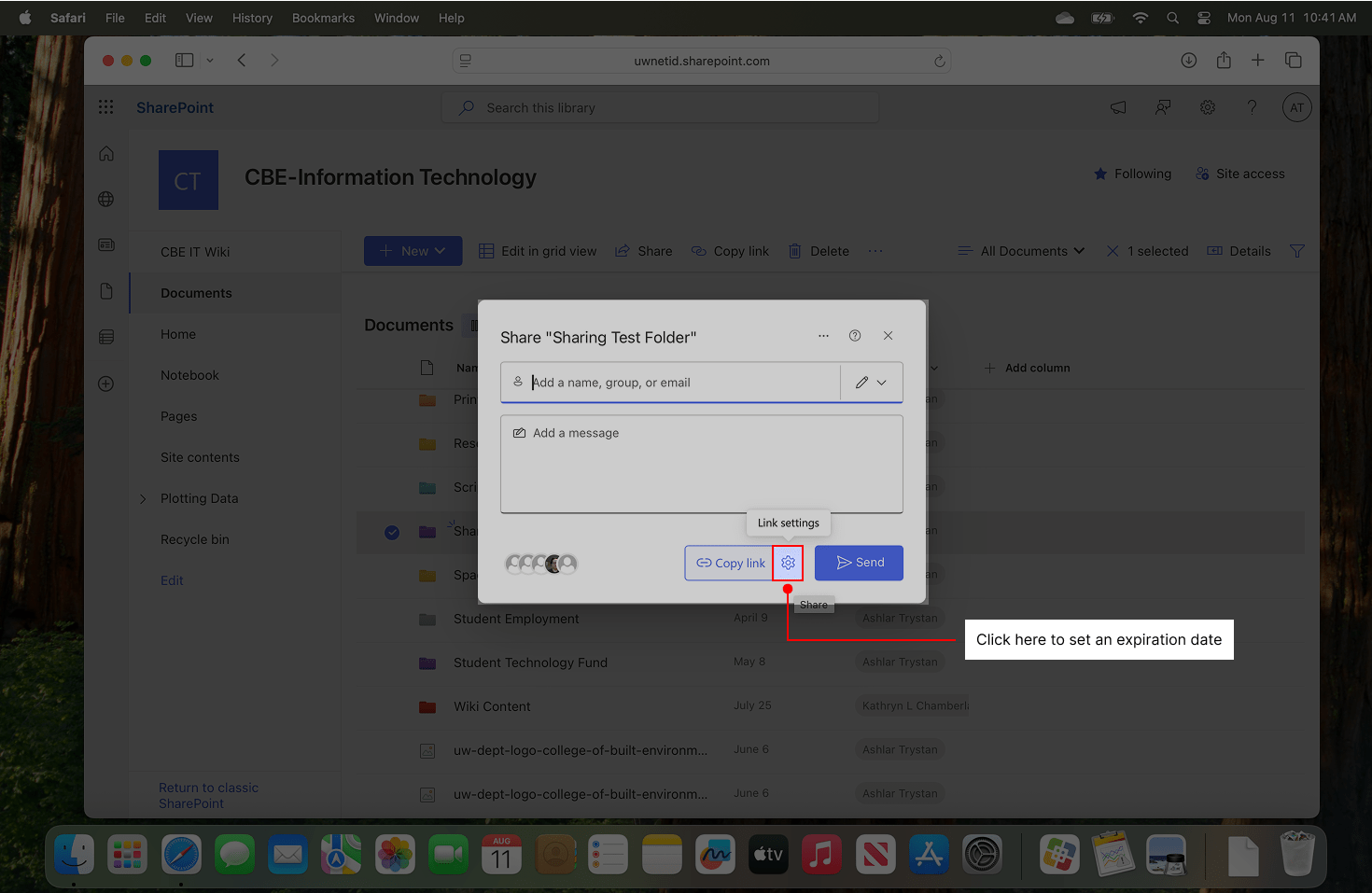 Indicating where to click to set an expiration date on shares.