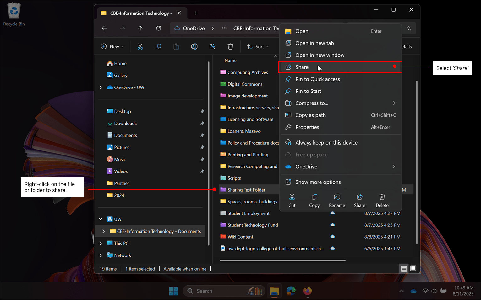 Indicating the sharing window in Windows Explorer