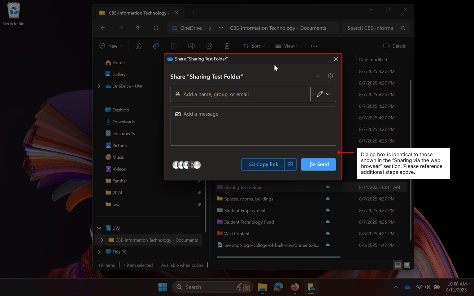 Indicating the sharing dialog