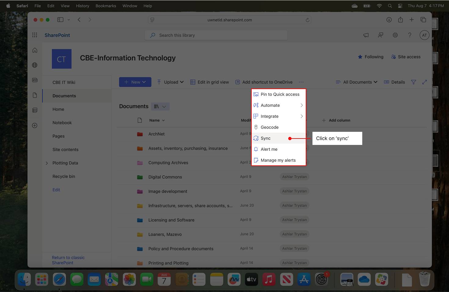 Menu with sync button
