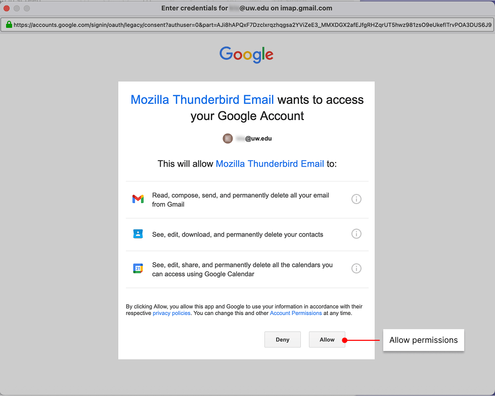 Google services screen to Allow