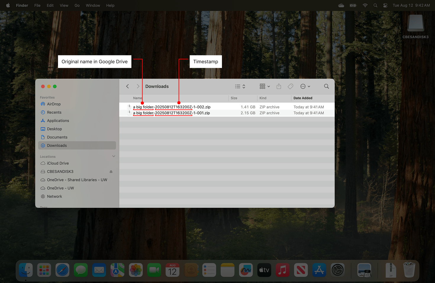 Indicates the Zip files downloaded from Google Drive and shows that both have the same name, a time stamp, and then "01" or "02" appended as an iterator.