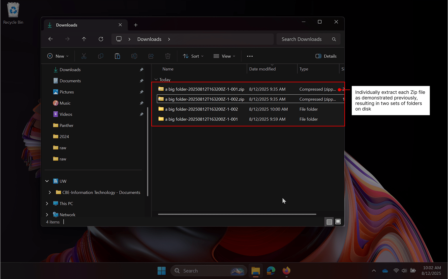 Showing downloads folder including two zip files and their extracted contents as folders.