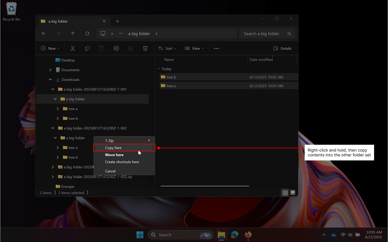 Indicating to right-drag and choose copy in the destination folder.