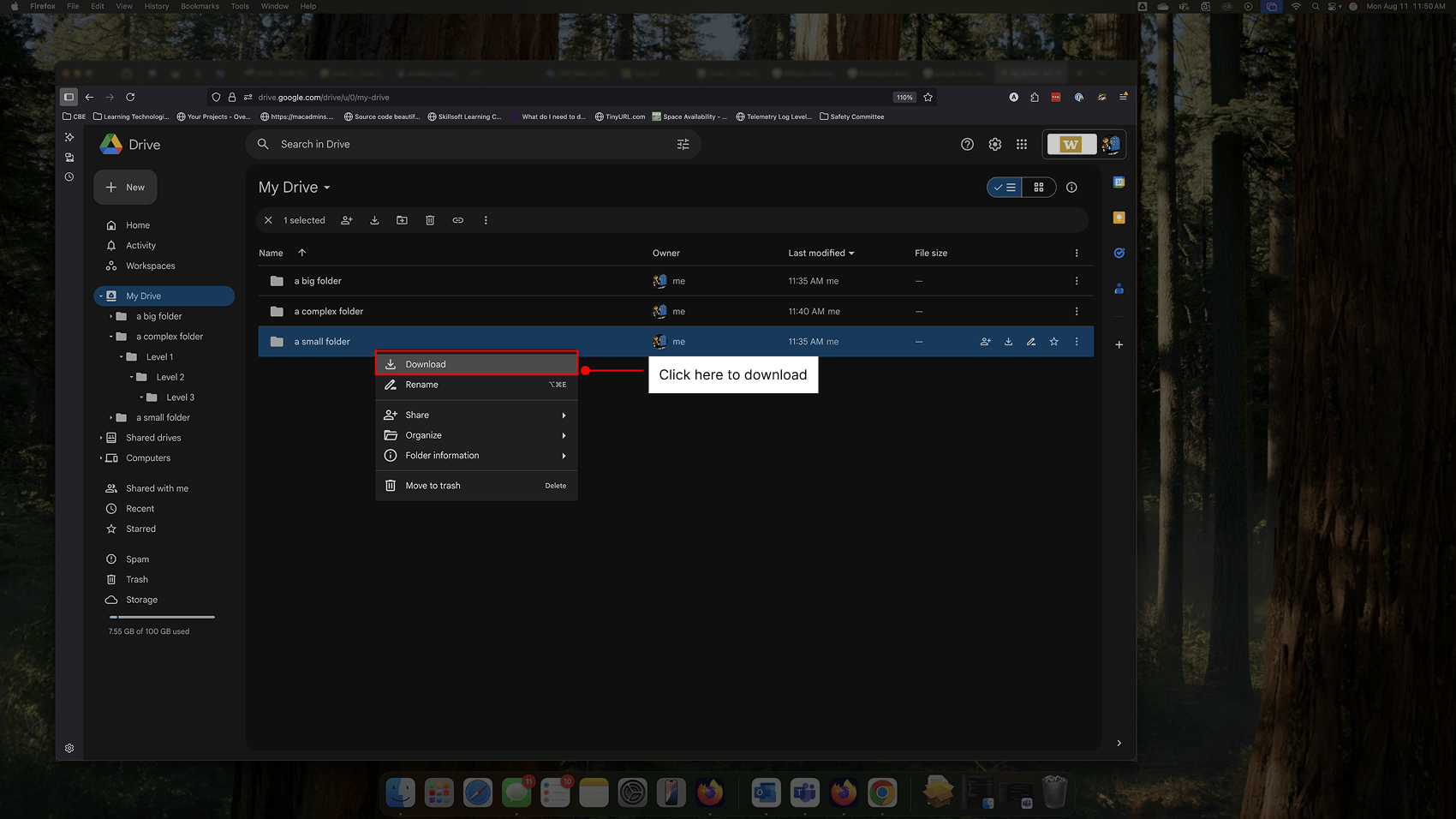 Showing the download menu