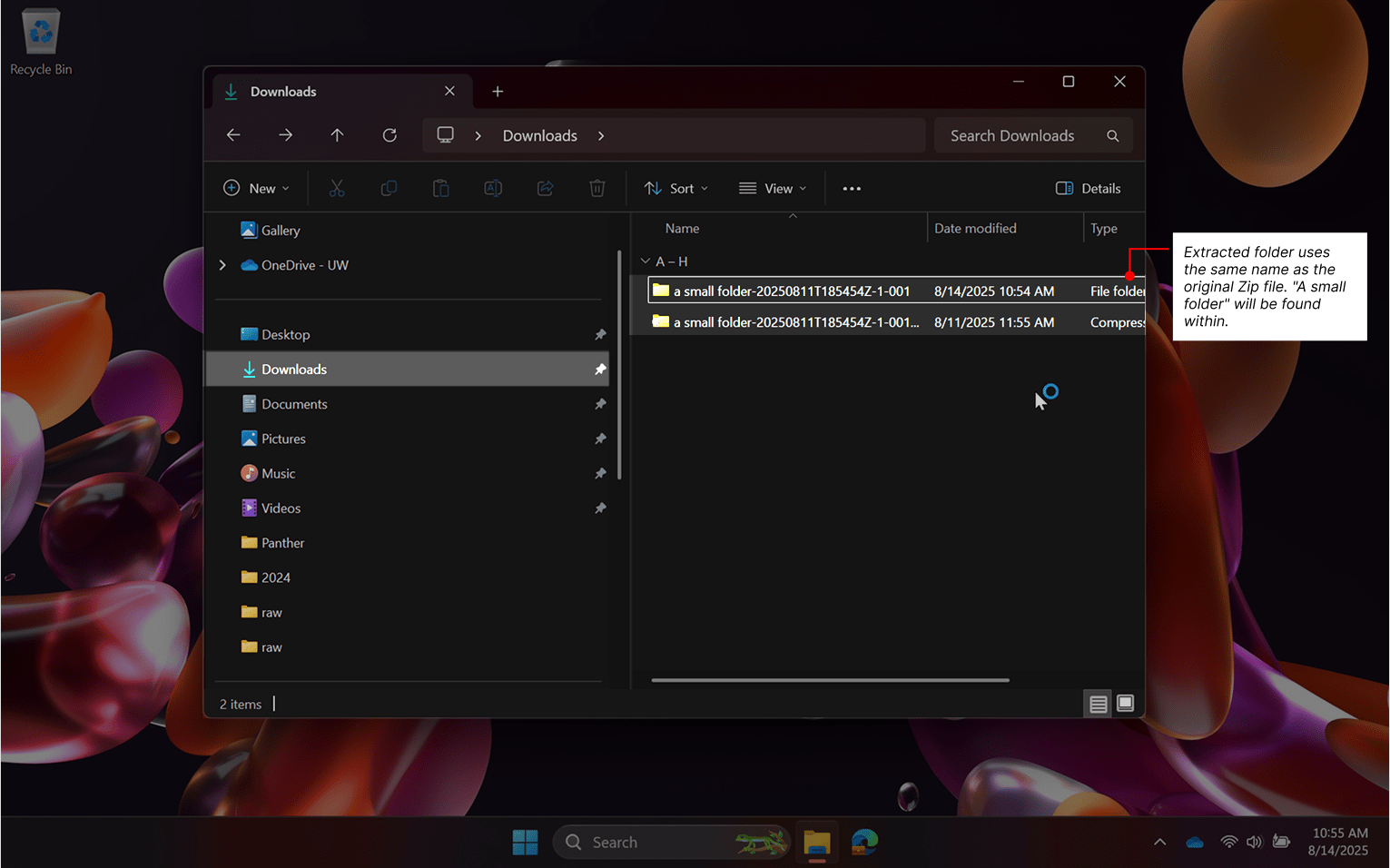 Indicating that the download folder shows both the Zip file and the extracted folder.