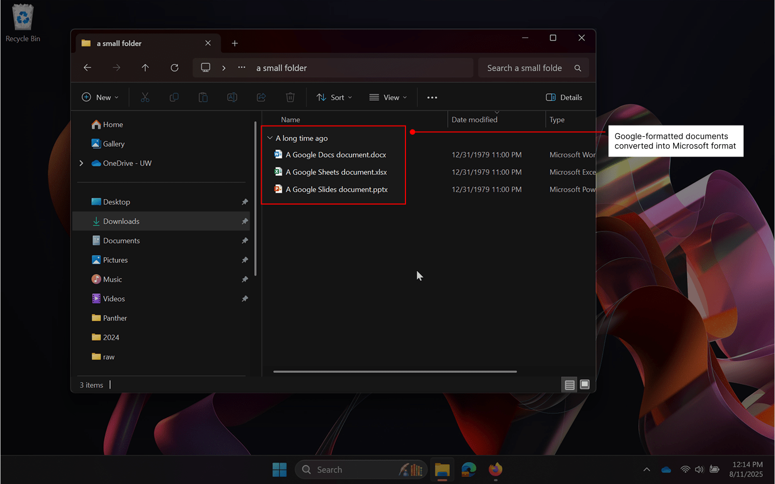 Showing that the Google documents have been converted into Microsoft format.