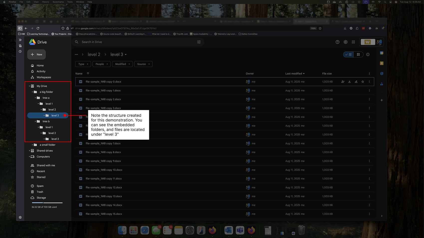 Indicates the demonstration Google Drive, showing embedded folders with files in the lowest level.